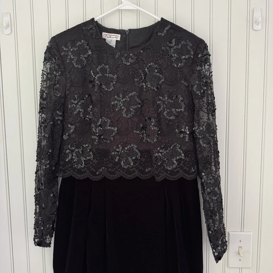 Vintage Talbots 10 Black Velvet Cocktail Dress Sheer Lace Beads Sequins Evening - Image 3 of 4
