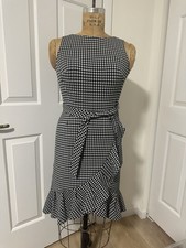 Calvin Klein Gingham Wrap Ruffle Dress Size 2 Black White Gold Zip
