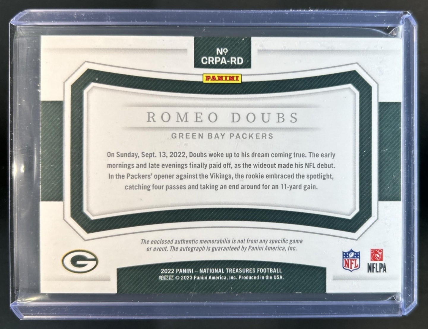 2023 National Treasures Romeo Doubs 2022 Crossover Rookie Patch Auto Gold #/10 view 2