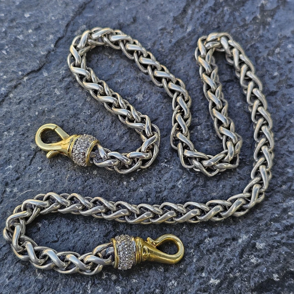 Collar de cadena de trigo con broche de diamantes de plata esterlina de oro de 18 quilates David Yurman 16" 54 g Foto 2 de 4