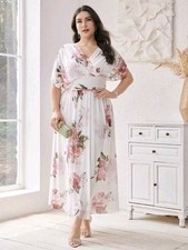 Modelyn Plus Size Women's Floral Printed V-Neck Dress Long Evening Dresses, For