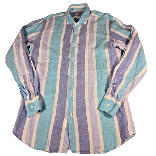Tommaso Mezzetti Mens XXL Blue Turquoise Striped Linen Button Dwn Shirt Long Slv