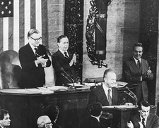 Israeli Prime Minister Yitzhak Rabin is greeted House of Represent - Old Photo