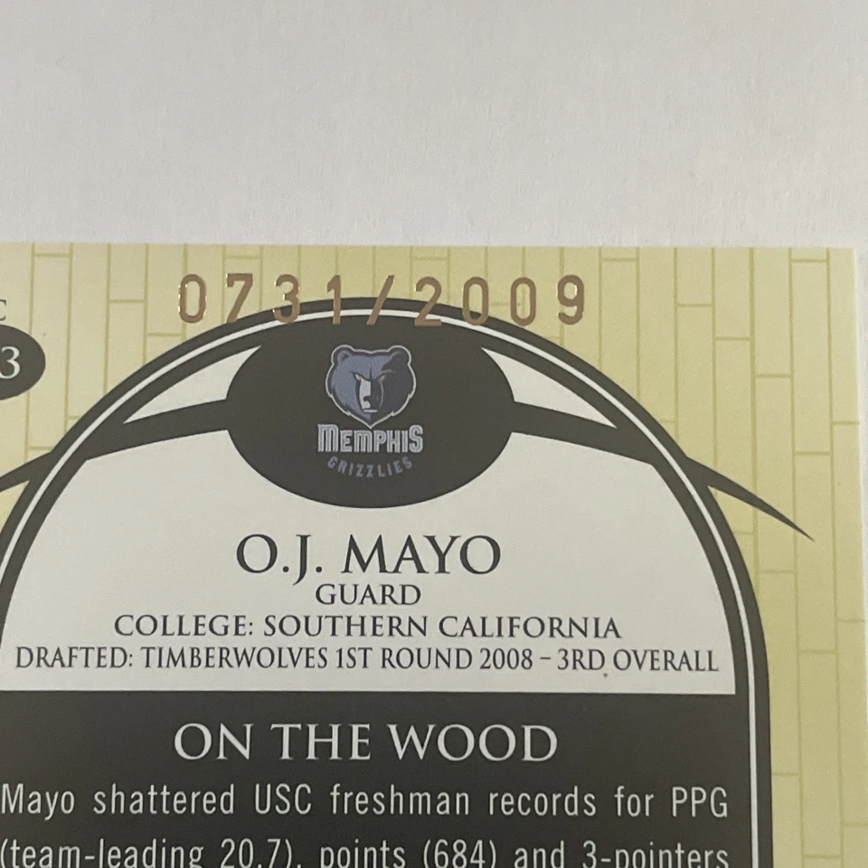 2008-09 Topps Hardwood # 103 O.J. Mayo RC # 731/2009 Memphis Grizzlies NBA - Image 3 of 4