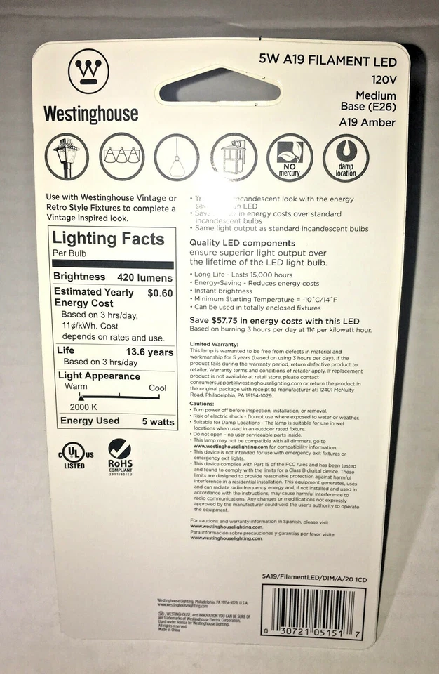 Westinghouse 0515100 Single 5 Watt Damp Rated Dimmable A19 Shaped - Amber - Image 2 of 2