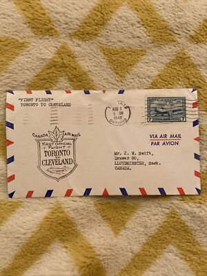Envelope Vintage 1946 First Official Flight Toronto Cleveland Airmail Stamp STP