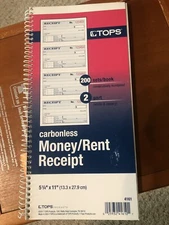 Tops Money Rent Receipt Book, 2 Part Carbonless, 7 5/8" x 11" Spiral 200 Sets