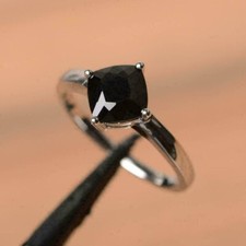 2 Ct Cushion Cut Lab-Created Black Onyx Solitaire Engagement Ring In 925 Silver