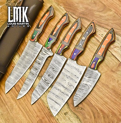 LMK Custom Hand Forged Chef Knife Twist Damascus Hard Wood Lot of 5 Hiking