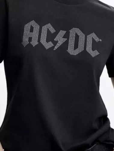 MANGO Women's ACDC T-shirt black with silver rhinestones size 2XL