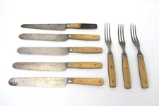 Lot of Vintage Used Meriden Cutlery Company Wood Handle Knives 3 Prong Forks