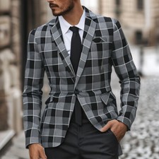 Men Plaid Blazer Jacket Business Casual Button Slim Fit Suit Coat Tops