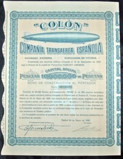 &ldquo;COLON&rdquo; Co.Transaera Espanola, Obligation, 1928, Abbildung Luftschiff, DEKO