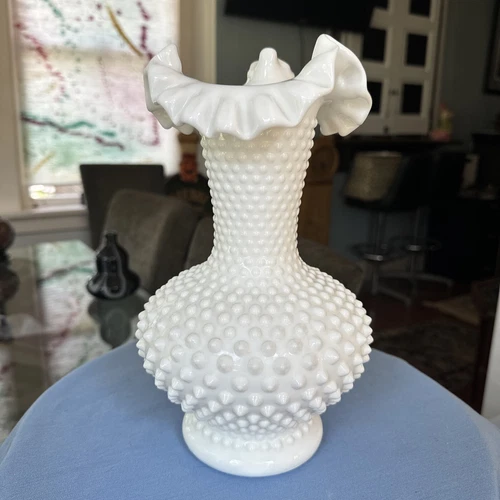 11” Hobnail Milk Glass Ruffled Edge Vase Attributed Fenton