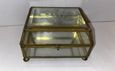 Small Trinket Display Box Footed Brass Beveled Glass Etched Lid Mirror Bottom