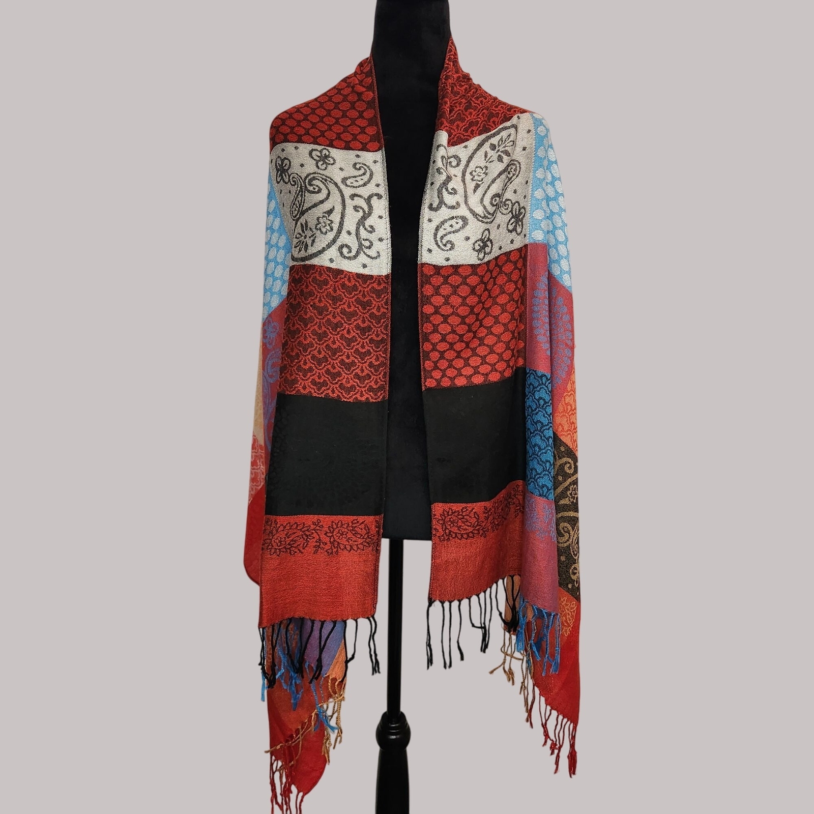 Red & Multicolor shawl Patchwork Patterned Fringe… - image 1