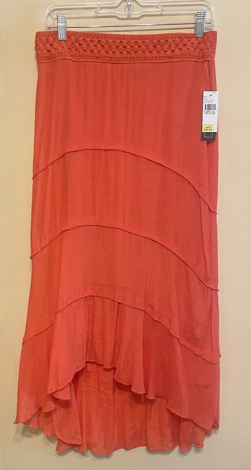 A. Byer Skirt Sz MED HiLo Tangerine Cottage Core Boho Elastic Waist Orange - Image 3 of 4