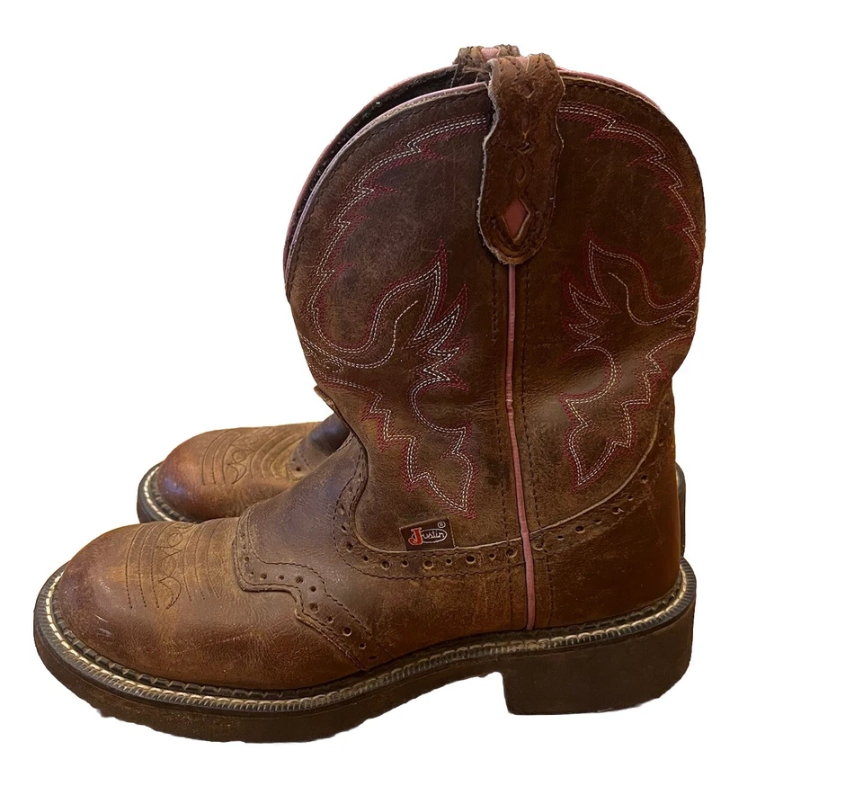 Justin Niñas Western Talla 7 Marrón Cuero Rosa Costura Tobillo Vaquera Botas Sf Foto 2 de 4