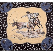 Wyoming Traders Wild Rag CM Russell Cowboy Horse Tan Silk Scarf - 34.5"