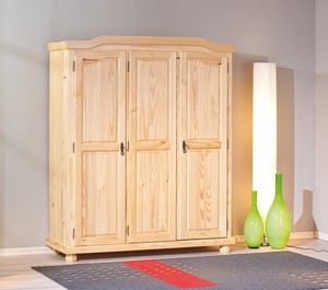 KLEIDERSCHRANK Massivholz - farblos lackiert, mit 3 Türen ...