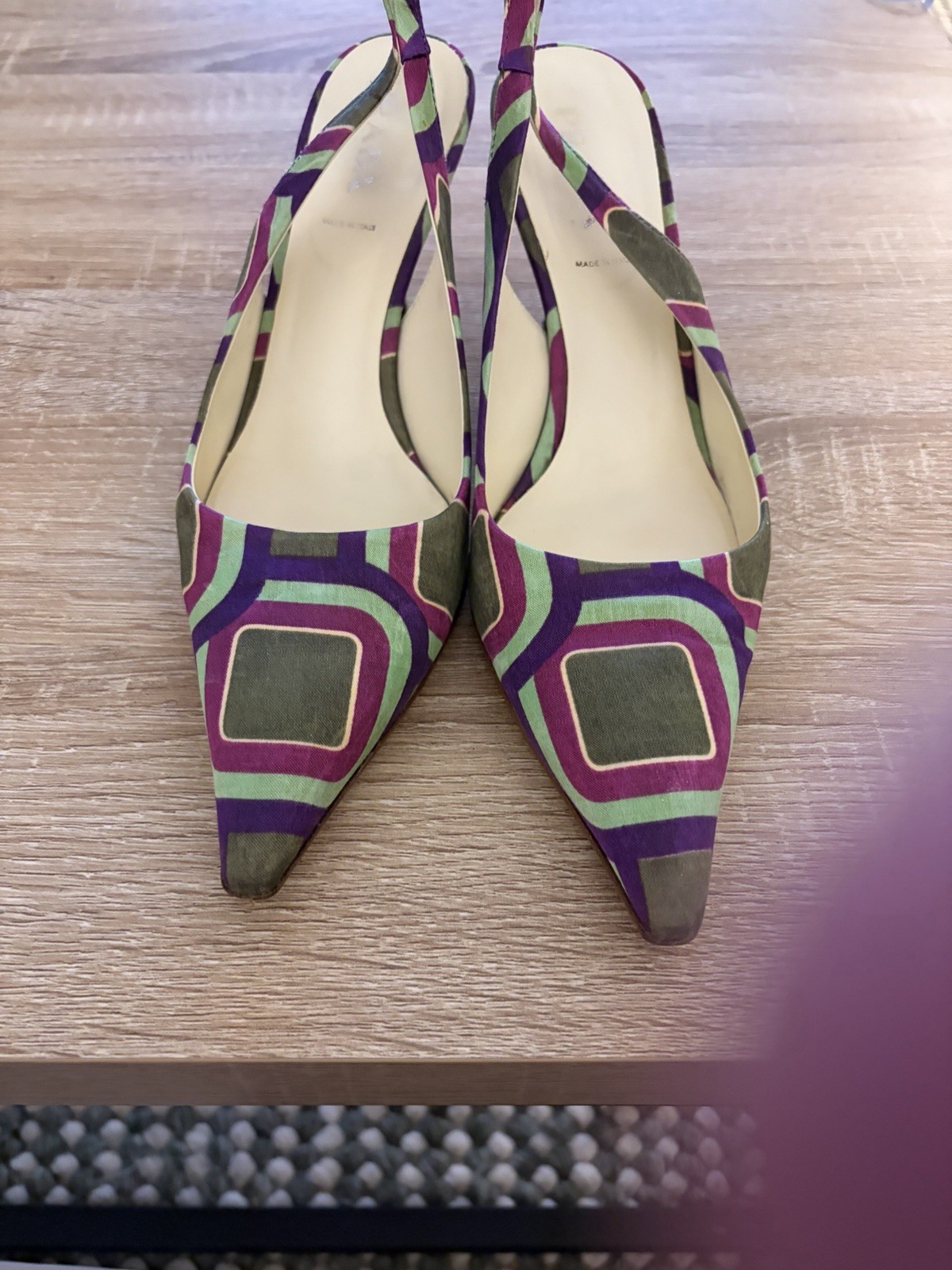 Prada Geometric Slingback Stiletto Heels Women’s Multicolor Fabric Pointed Toe 9