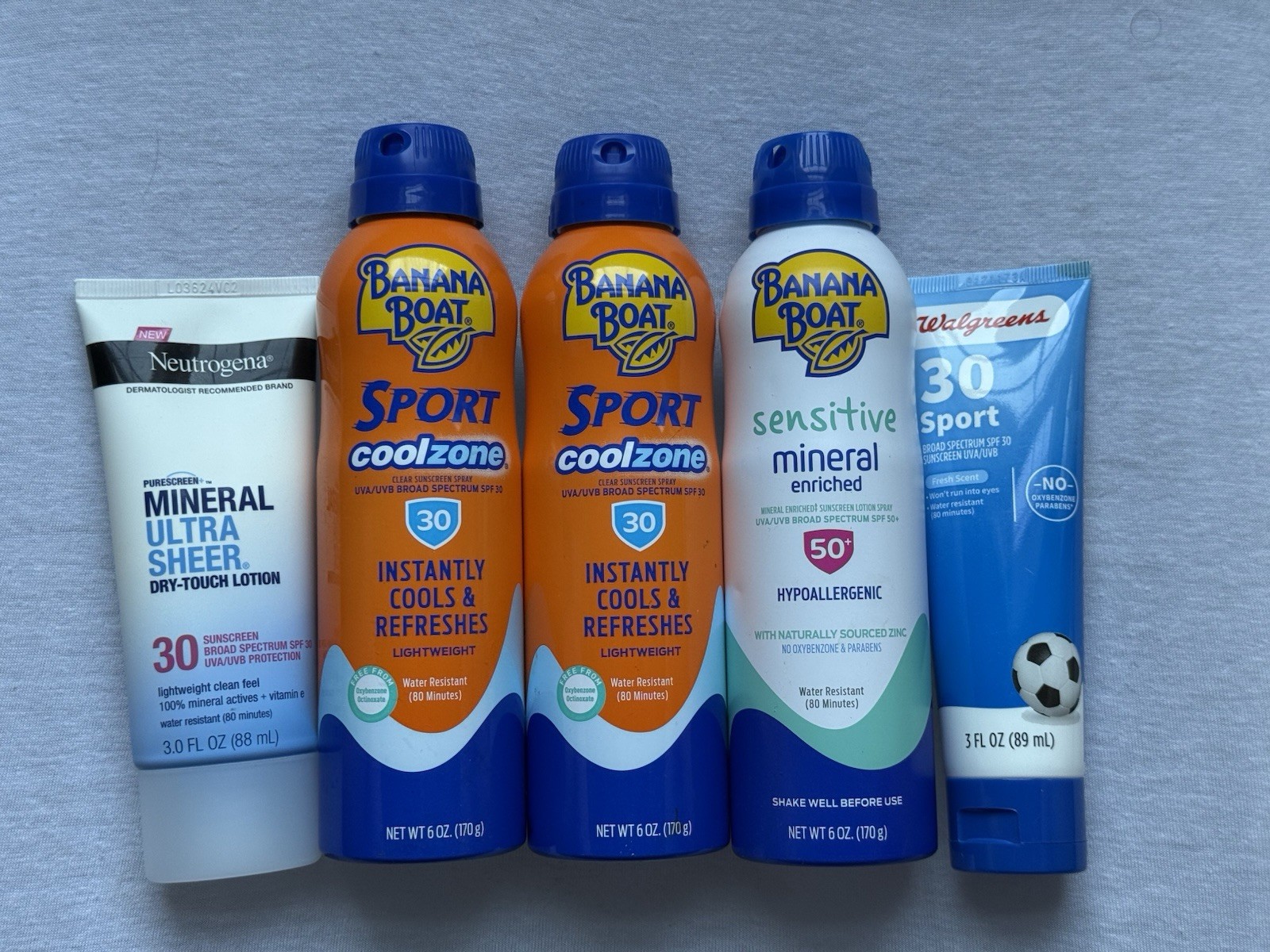 Lot of 5 Sunscreens Banana Boat, Neutrogena, Walgreens SPF 3