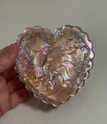 Fenton Pink Iridescent Carnival Glass Heart Shaped Trinket Box with Hummingbirds