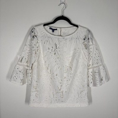 RSVP By Talbots Women Petite Sz P White Leaf-Lace 3/4 Flounce-Sleeve Blouse NWT