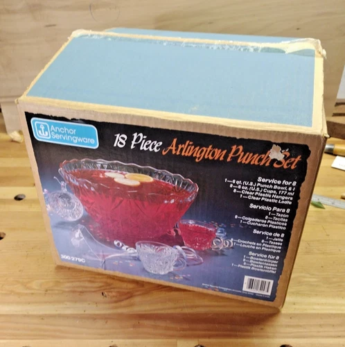 NEW Vintage Anchor 18-Piece Arlington PUNCH BOWL & CUPS SET, Service for 8