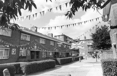 General view of a council estate at Walworth London where decorati- Old Photo