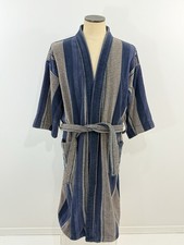 VTG Turkish Terry Cloth Robe Blue Beige Striped Zigzag Belted 80s 90s Thick