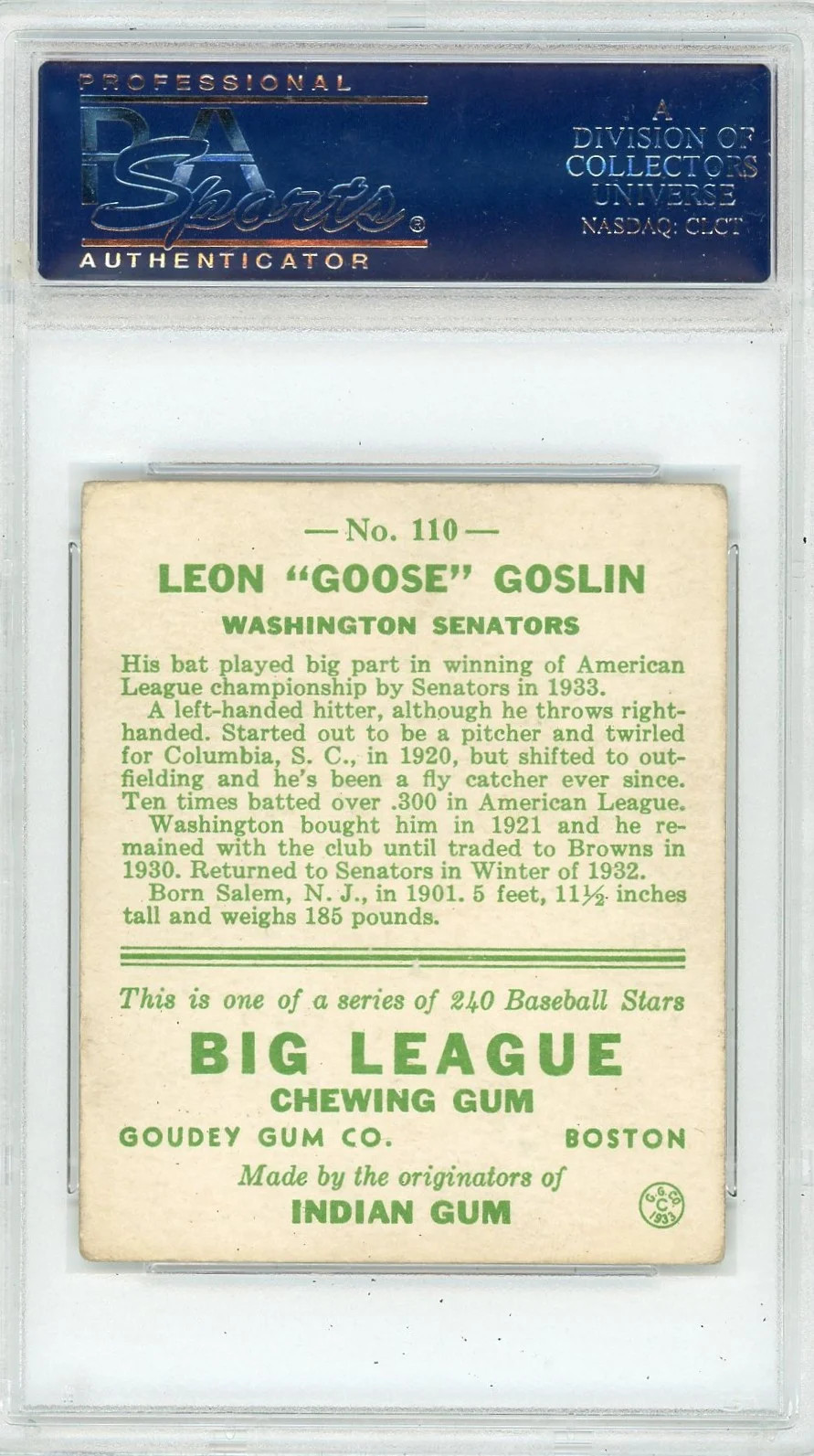 1933 Goudey Goose Goslin #110 PSA 4 view 2