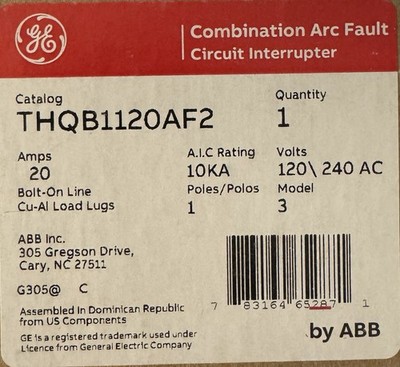 GE THQB1120AF2 20A 120/240V 1-Pole Combination AFCI Bolt-On Circuit Breaker