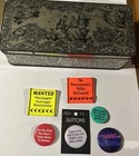 Vintage 1980s Pinback Buttons, Lot of 4 Plus 2 Matchbooks in Metal Tin — photo 1