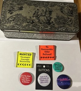 Vintage 1980s Pinback Buttons, Lot of 4 Plus 2 Matchbooks in Metal Tin