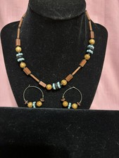 Boho Style Set Wood beaded Necklace And Earrings Wire Hoop