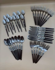 Vintage Interprur Stainless Steel INR2 40 Piece Flatware Brown Handle Japan MCM