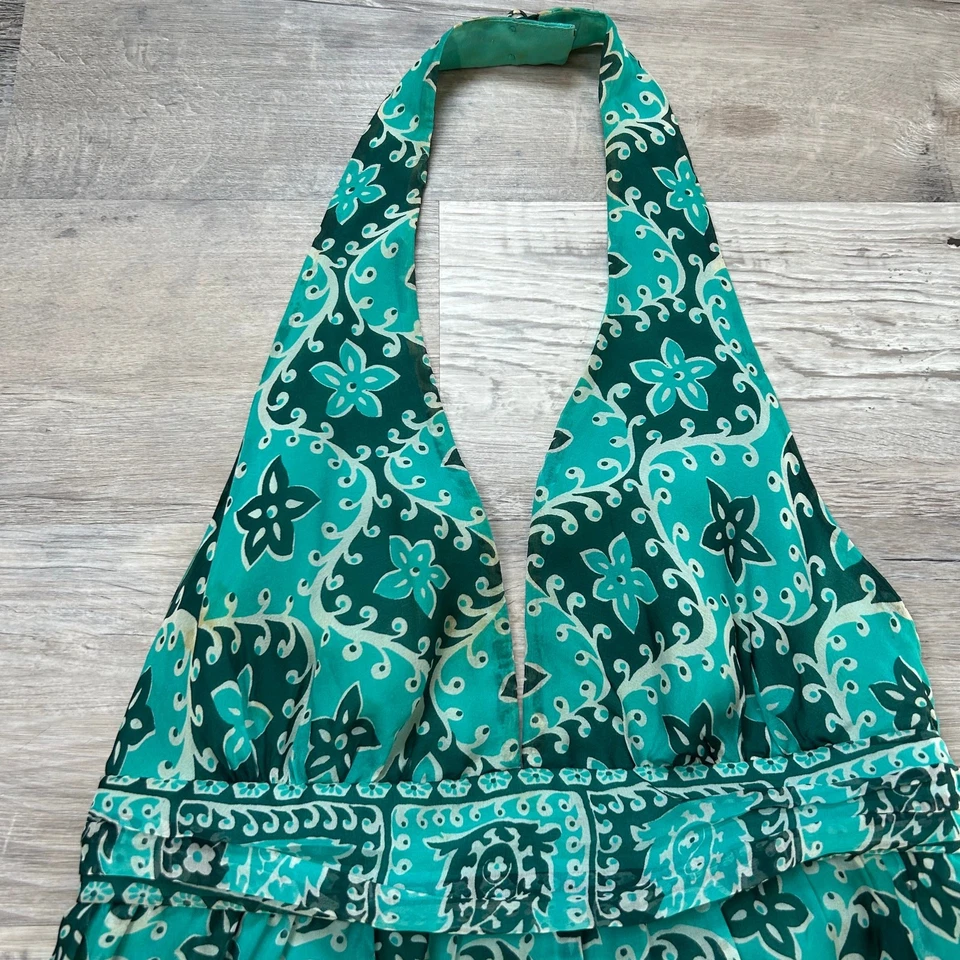 Винтажный Milly NY шелк с бретелью через шею мини-платье бирюзовый цветочный Y2K вечеринки без спинки размер 2 - Изображение 2 из 4