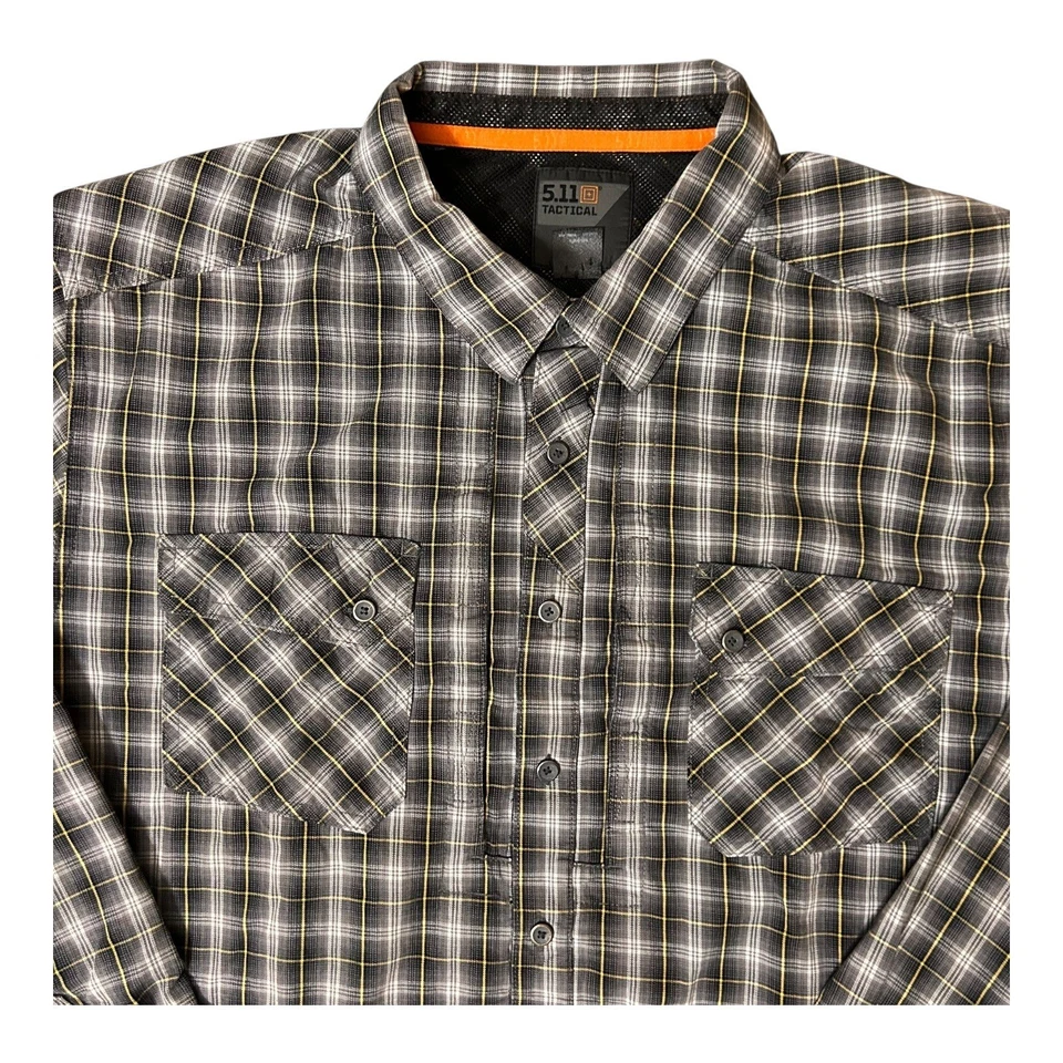 5.11 Tactical Men's Extra Large Plaid Long Sleeve Button Up Shirt Gray Yellow - Image 4 of 4