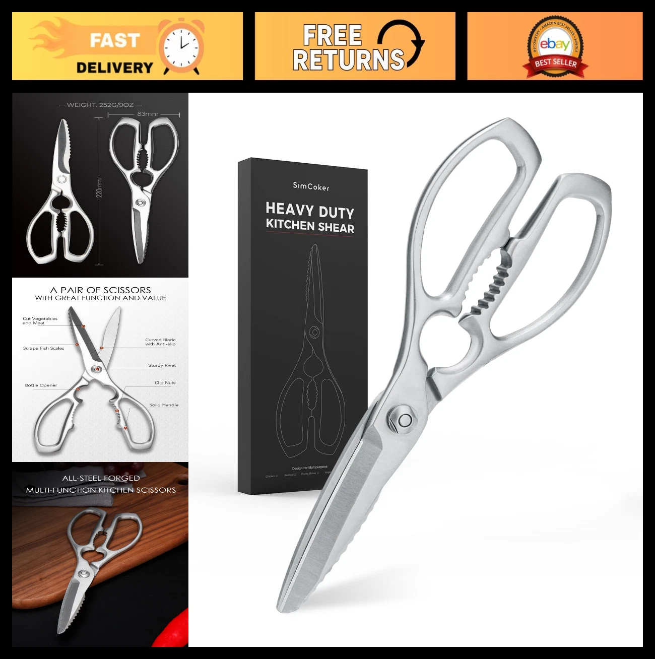 Heavy Duty Kitchen Scissors - Forged Stainless Steel Shears, Dishwasher Safe for
