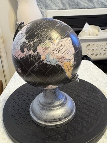 Small Black Rotating World Globe 8" Tall Desktop. CM 2