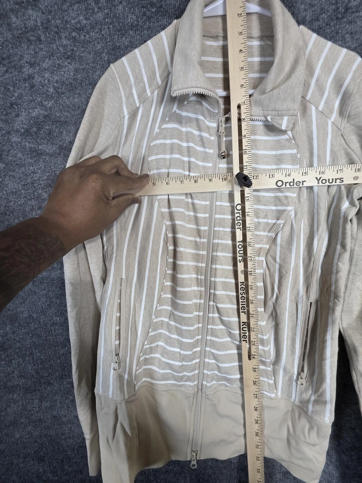 Chaqueta Lululemon Mujer 12 Beige Blanco Rayas Cremallera Completa Atlética Pista de Correr Foto 2 de 4