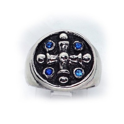Middle-Aged Cross with Blue Stones Sterling Silver Ring