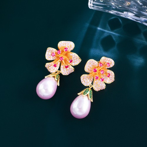 Pendientes colgantes únicos enchapados en oro CZ flor roja rosa perla púrpura para dama - Imagen 6 de 10