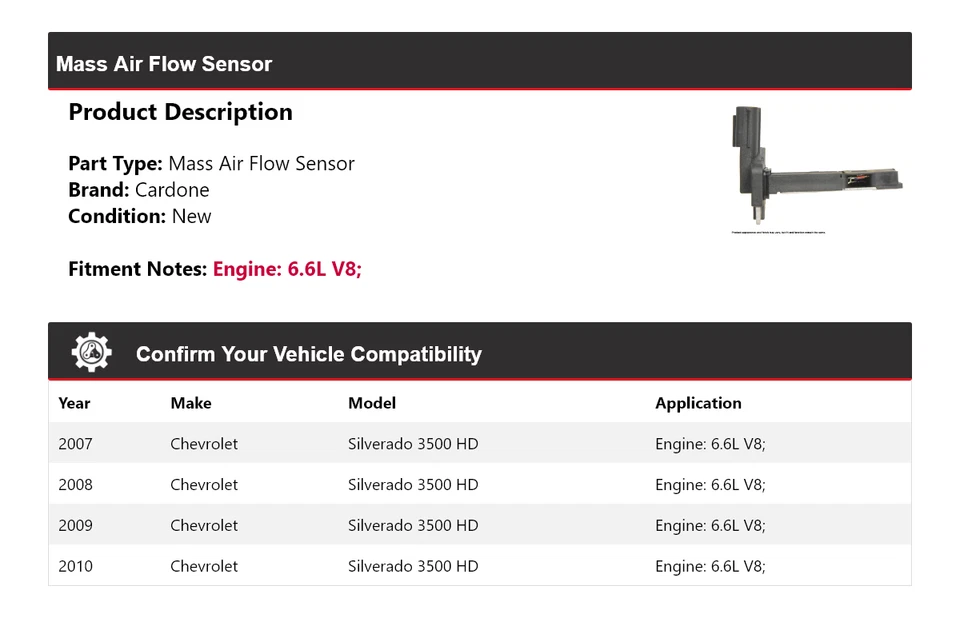 Sensor de flujo de aire másico Cardone para Chevrolet Silverado 3500 HD 2007-2010 6,6 L V8 Foto 2 de 4