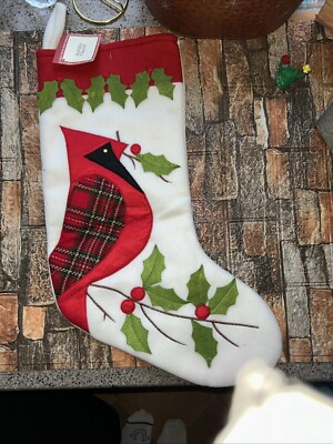 SOFT WINTER WHITE OLIVE GREEN RED FLEECE CHRISTMAS STOCKING WITH PLAID CARDINAL 
