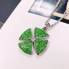 Green Four Leaf Clover Necklace CZ Inlay with Clear Crystal Center