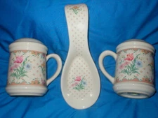 FLOWERS SALT PEPPER SHAKERS SPOON REST SET SOLD AS IS AS SHOWN 
