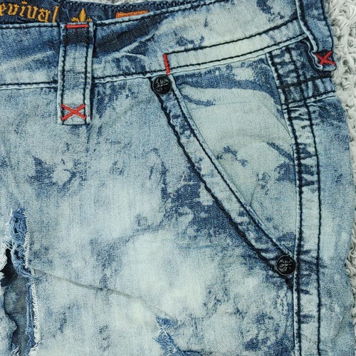 Heavily TRASHED Rock Revival Shorts Herren 42 Tie Dye Acid Wash Light Denim LESEN - Bild 12 von 19