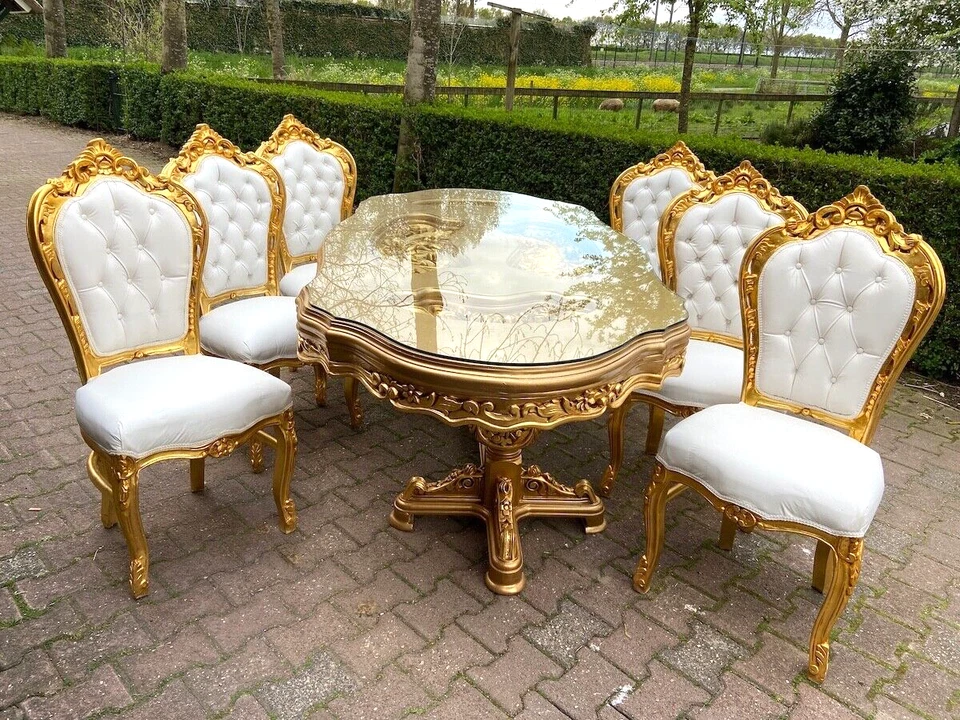 Juego de comedor mesa con sillas barroco italiano 7 piezas hoja de oro cuero blanco Foto 4 de 4